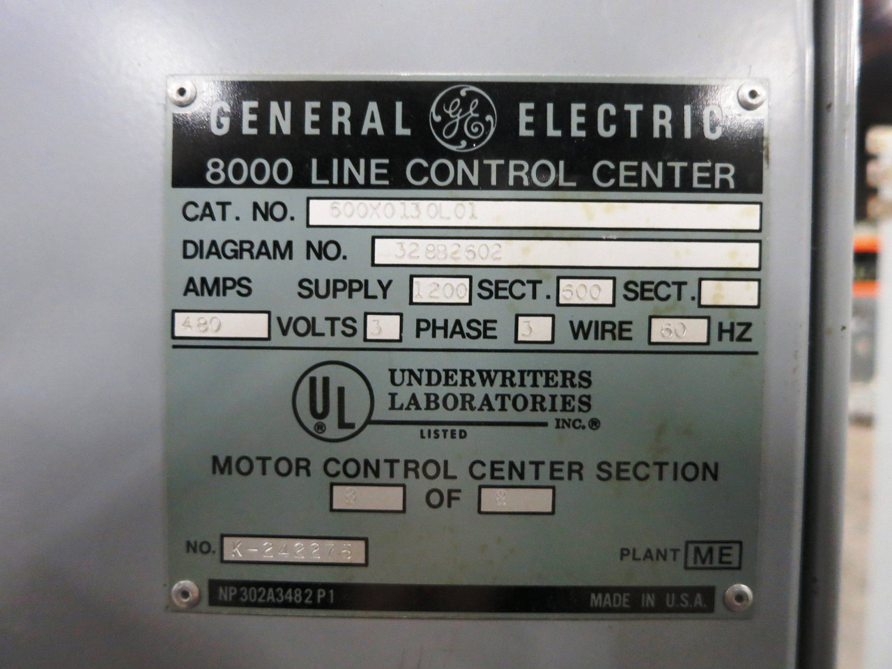 GE 8000 1200/600 Amp 480V Main Line Motor Control Center MCC 1200A